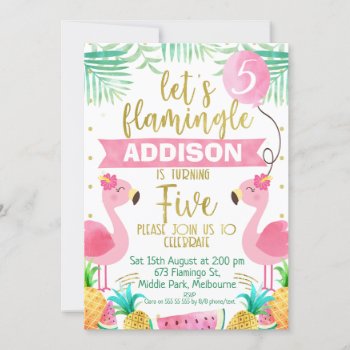 Girls Let's Flamingle Flamingo 5th Birthday Invitation by Sugar_Puff_Kids at Zazzle