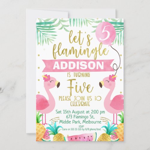Girls lets flamingle flamingo 5th birthday invitation