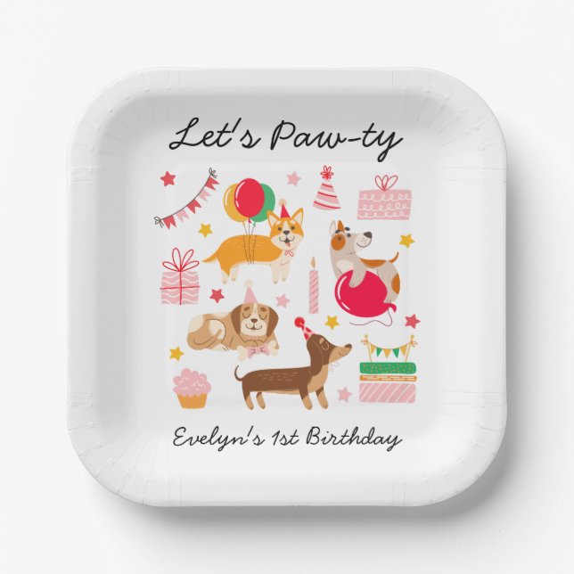 Girl's Let's Pawty Party Ready Dogs Birthday Paper Plates (Front)