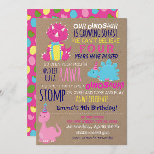 Girl's Little Dinosaur Kids Birthday Invitation
