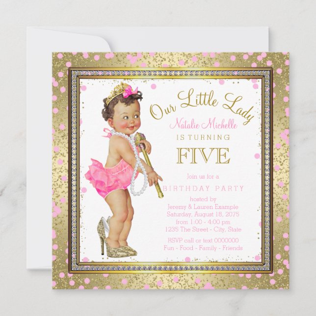 Girls Little Lady 5th Birthday Party Pink Gold Invitation (Front)