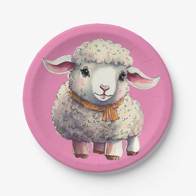 Girl's Little Lamb Paper Plates, 7" Round Paper  Plates (Front)