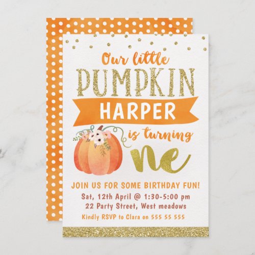 Girls Little Pumpkin 1st Birthday Invitation