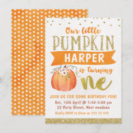 Girls Little Pumpkin 1st Birthday Invitation
