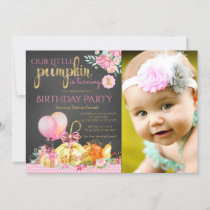 Girls Little Pumpkin Chalkboard First Birthday Invitation