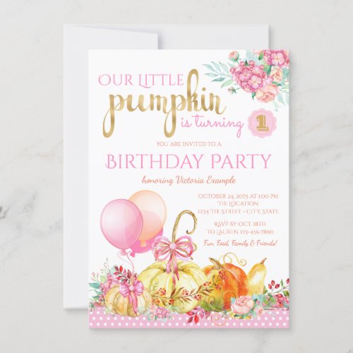 Girls Little Pumpkin First Birthday Invitation