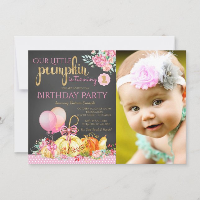Girls Little Pumpkin Photo First Birthday Invitation (Front)
