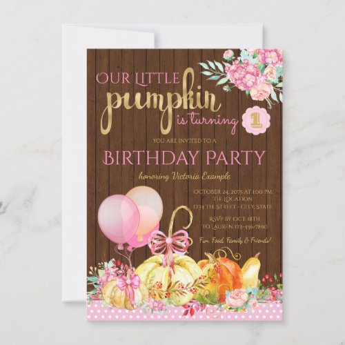 Girls Little Pumpkin Rustic Wood 1st Birthday Invitation