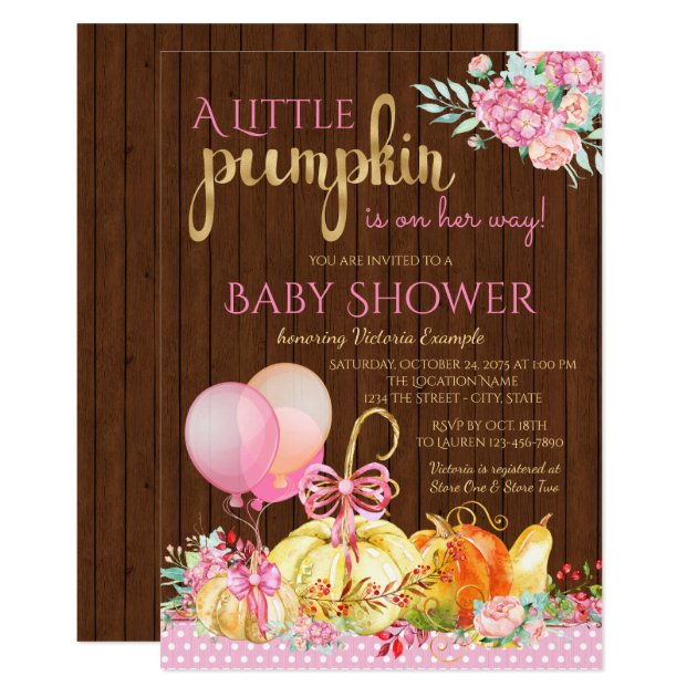 Girls Little Pumpkin Rustic Wood Fall Baby Shower Invitation
