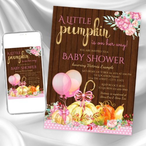 Girls Little Pumpkin Rustic Wood Fall Baby Shower Invitation