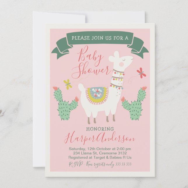 Girls Llama And cactus Baby Shower Invitation (Front)
