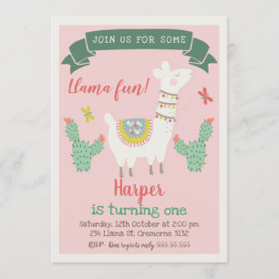 Girls Llama And cactus Birthday Invitation