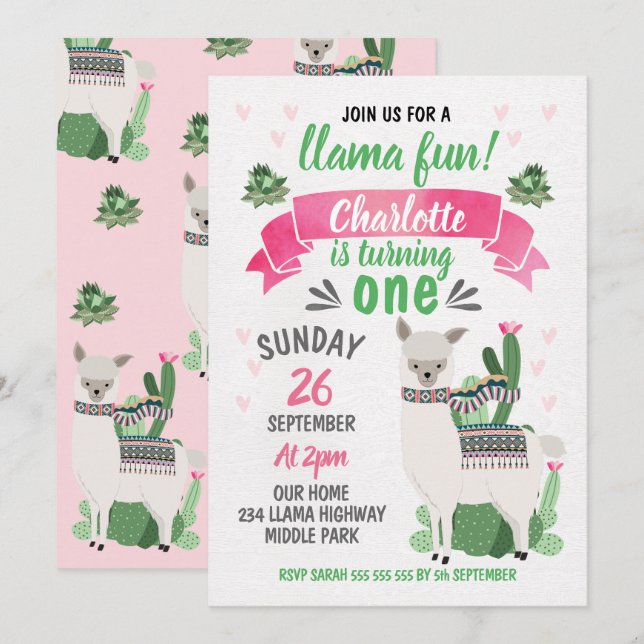 Girls Llama Birthday Invitation (Front/Back)