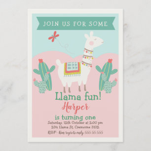 Girls Llama Cactus Birthday Invitation