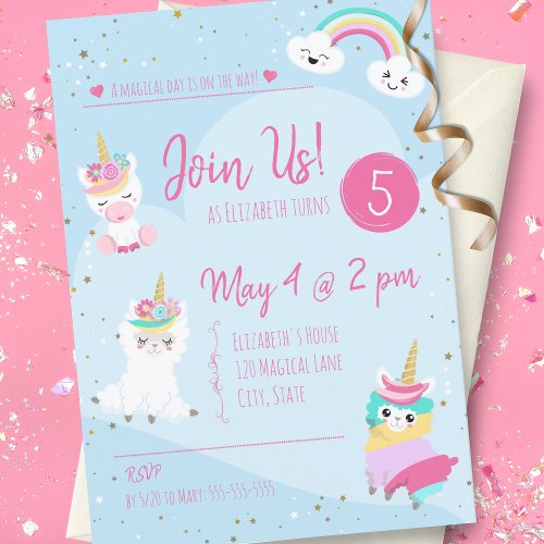 Girls Llamacorn Unicorn Birthday Party Invitation