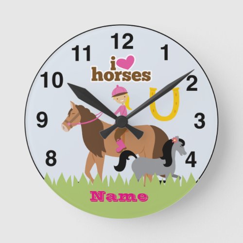 Girls Love Horses Cute Gift Personalized Round Clock