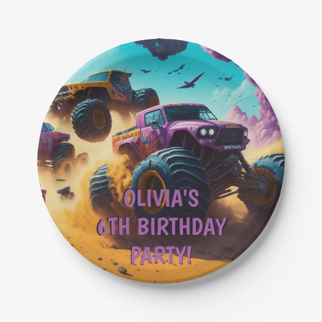Girls Love Monster Trucks Too Birthday Party  Paper Plates (Front)