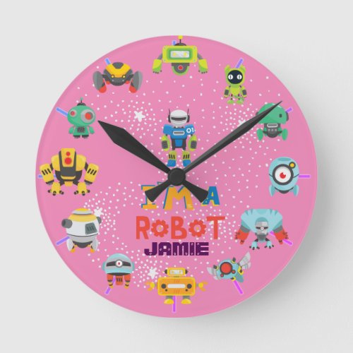 Girls Love Robots Pink Cute Cartoon Named Round Clock