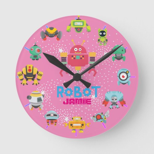 Girls Love ROBOTS Pink Funny Cartoon Round Clock