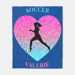 Girls Love Soccer Blue Personalized Fleece Blanket