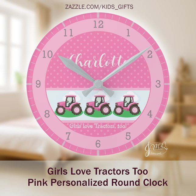 Girls Love Tractors Pink Personalized Farm Design Round Clock (Girls love tractors too with this cute pink farm design and personalized name detail)