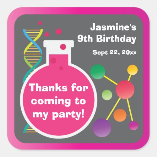 Girls Mad Science Lab Birthday Party Favor Square Sticker