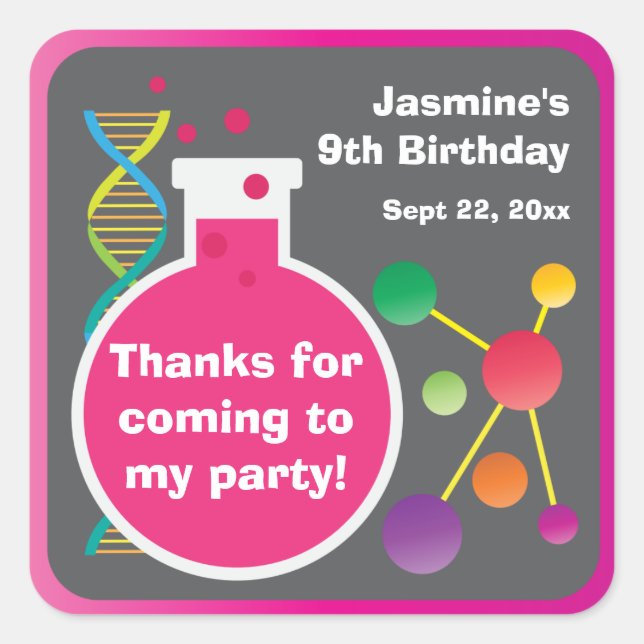 Girl's Mad Science Lab Birthday Party Favor Square Sticker (Front)