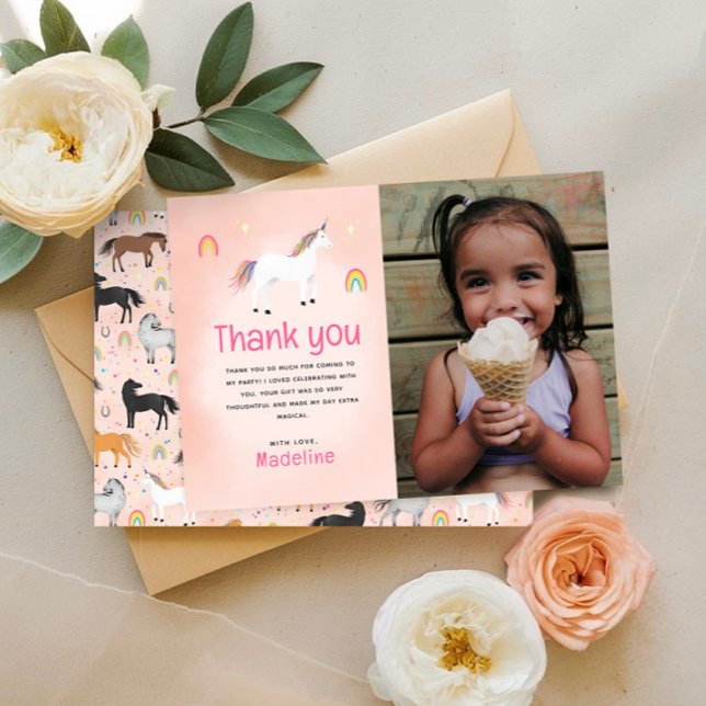 Girls Magical Pastel Pink Unicorn Birthday Photo Thank You Card (Creator Uploaded)