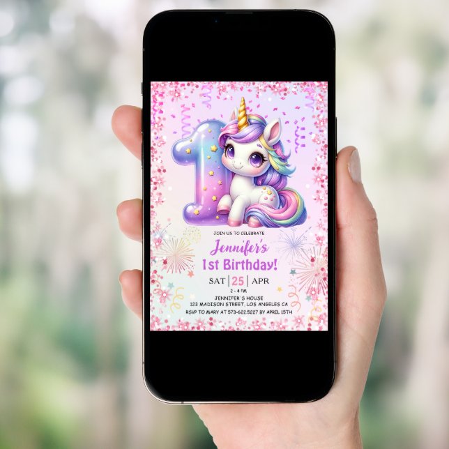 Girls Magical Unicorn 1st Birthday Party Invitation (Front Digital)