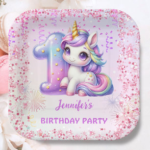 Girls Magical Unicorn 1st Birthday Party Paper Plates