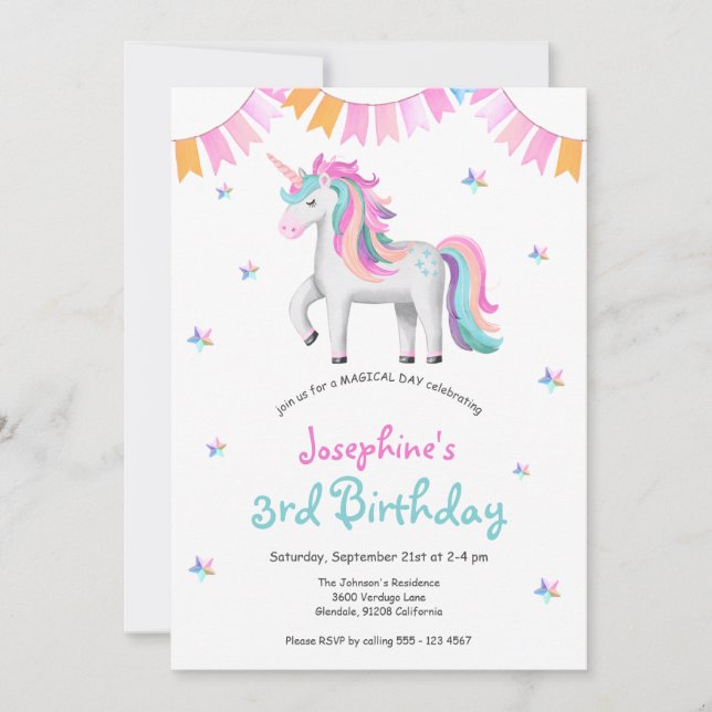 Girls Magical Unicorn 3rd Birthday Party Invitation (Front)