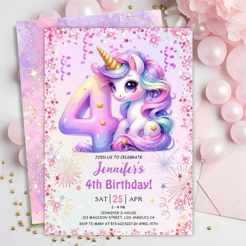 Girls Magical Unicorn 4th Birthday Party Invitation