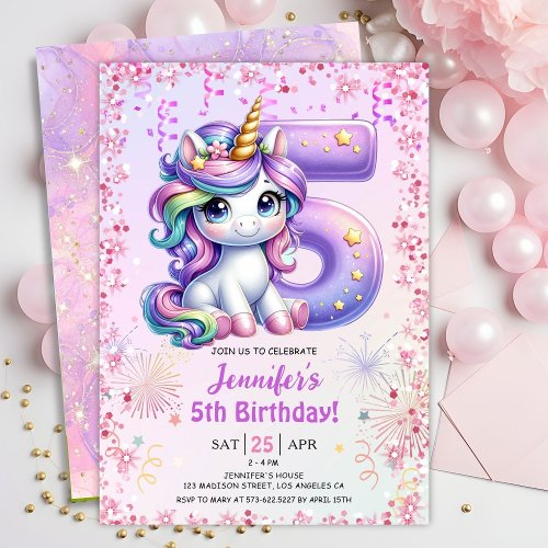 Girls Magical Unicorn 5th Birthday Party Invitatio Invitation