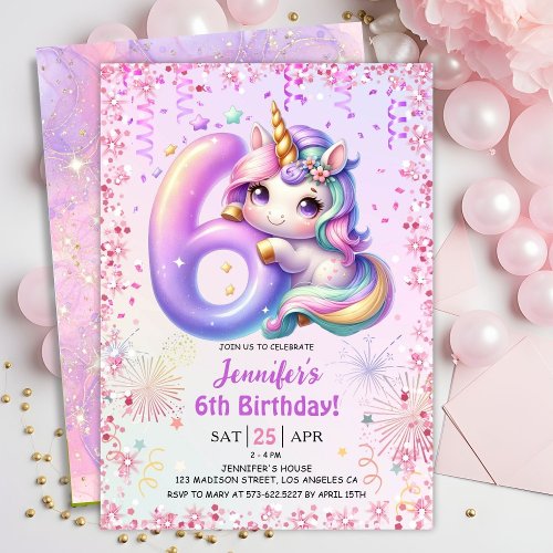 Girls Magical Unicorn 6th Birthday Party Invitation