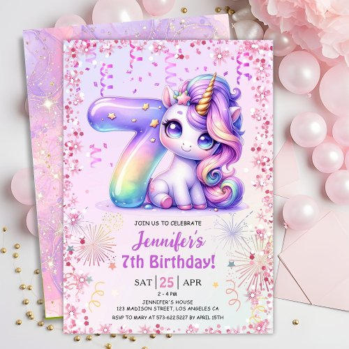 Girls Magical Unicorn 7th Birthday Party Invitation