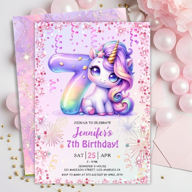 Girls Magical Unicorn 7th Birthday Party Invitation (Creator Uploaded)