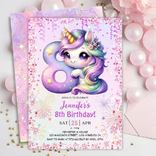Girls Magical Unicorn 8th Birthday Party Invitation