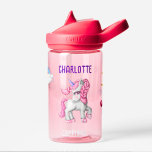 Girls Magical Unicorn Rainbow Kids Personalized  Water Bottle<br><div class="desc">This lovely design features a cute unicorn, along with a rainbow, hearts and stars. It is part of a matching set of accessories. This design features the colors of the rainbow with special emphasis on pink and purple. You can easily customize it, and add your little girl's name. It is...</div>