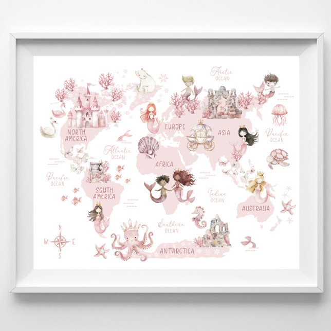 Girls Magical World Map, Pink Mermaids and castles Poster (Creator Uploaded)
