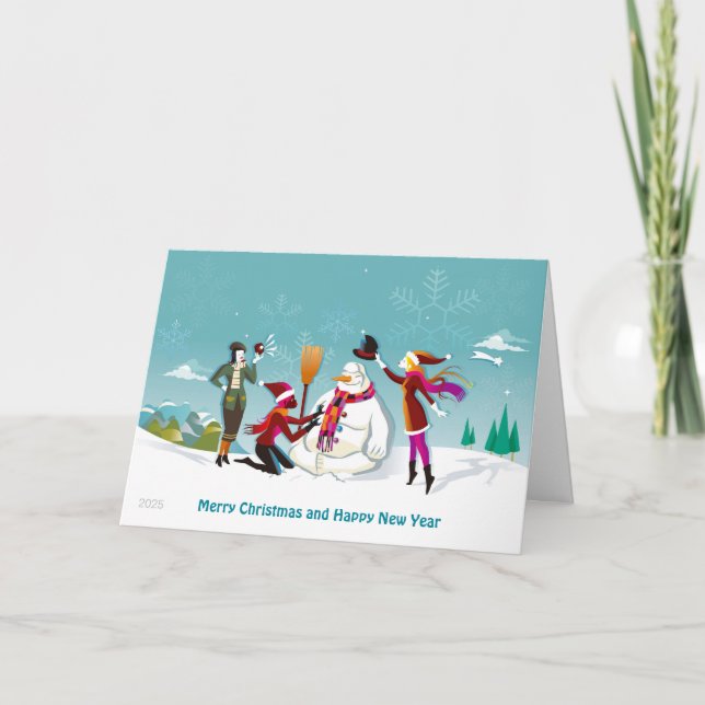 Girls Making Snowman Christmas Card (Front)