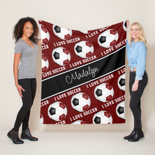 girls maroon black soccer balls text pattern  fleece blanket