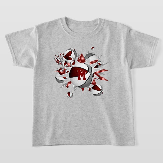 girl's maroon gray basketballs and stars T-Shirt (Laydown)