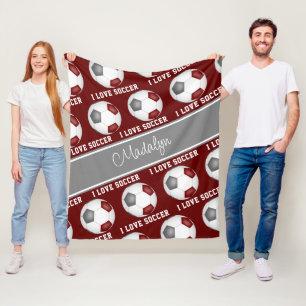 girls maroon gray soccer balls text pattern fleece blanket