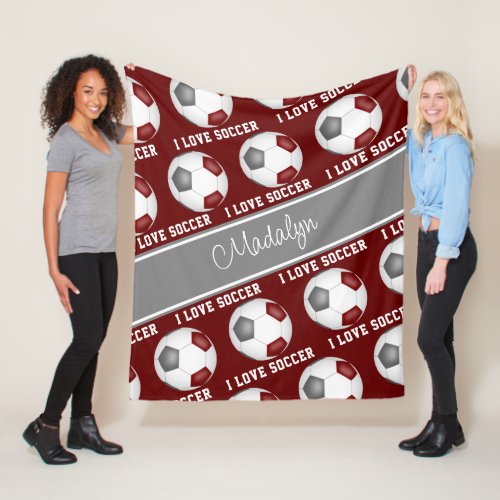 girls maroon gray soccer balls text pattern  fleece blanket