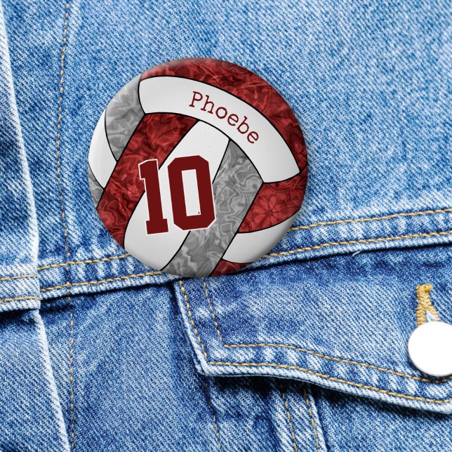 girls maroon gray volleyball team colors button (on denim jacket)