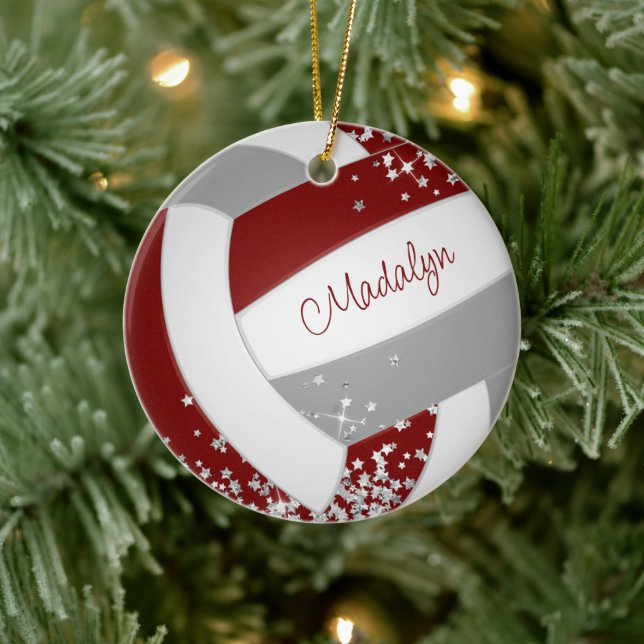 girls maroon gray volleyball w tiny silver stars ceramic ornament (Tree)