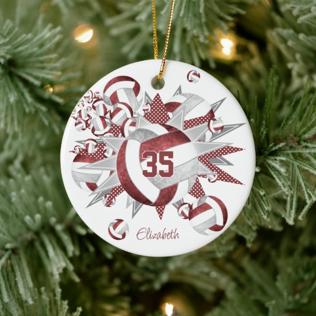 girls maroon gray volleyballs stars keepsake ceramic ornament (Tree)