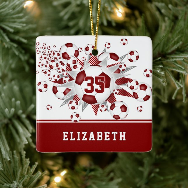 Girl's maroon soccer balls stars personalized  ceramic ornament (Tree)