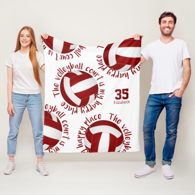 girls maroon white volleyball court happy place fleece blanket (In Situ)