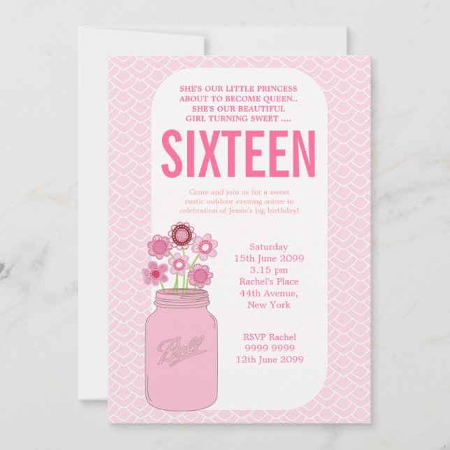 Girls Mason Jar Sweet 16 Birthday Party Invite (Front)